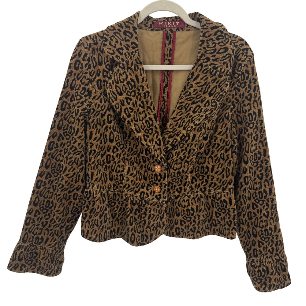 Kikit Jeans Leopard Print Peplum Corduroy Blazer Jacket Brown Tan Black Sz L Y2k